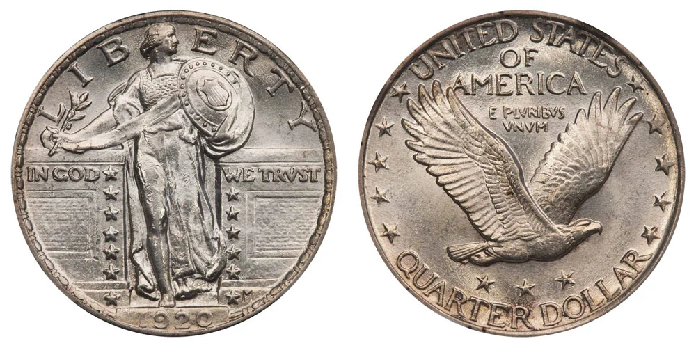1920 Standing Liberty Quarter obverse and reverse showing Liberty with shield and olive branch