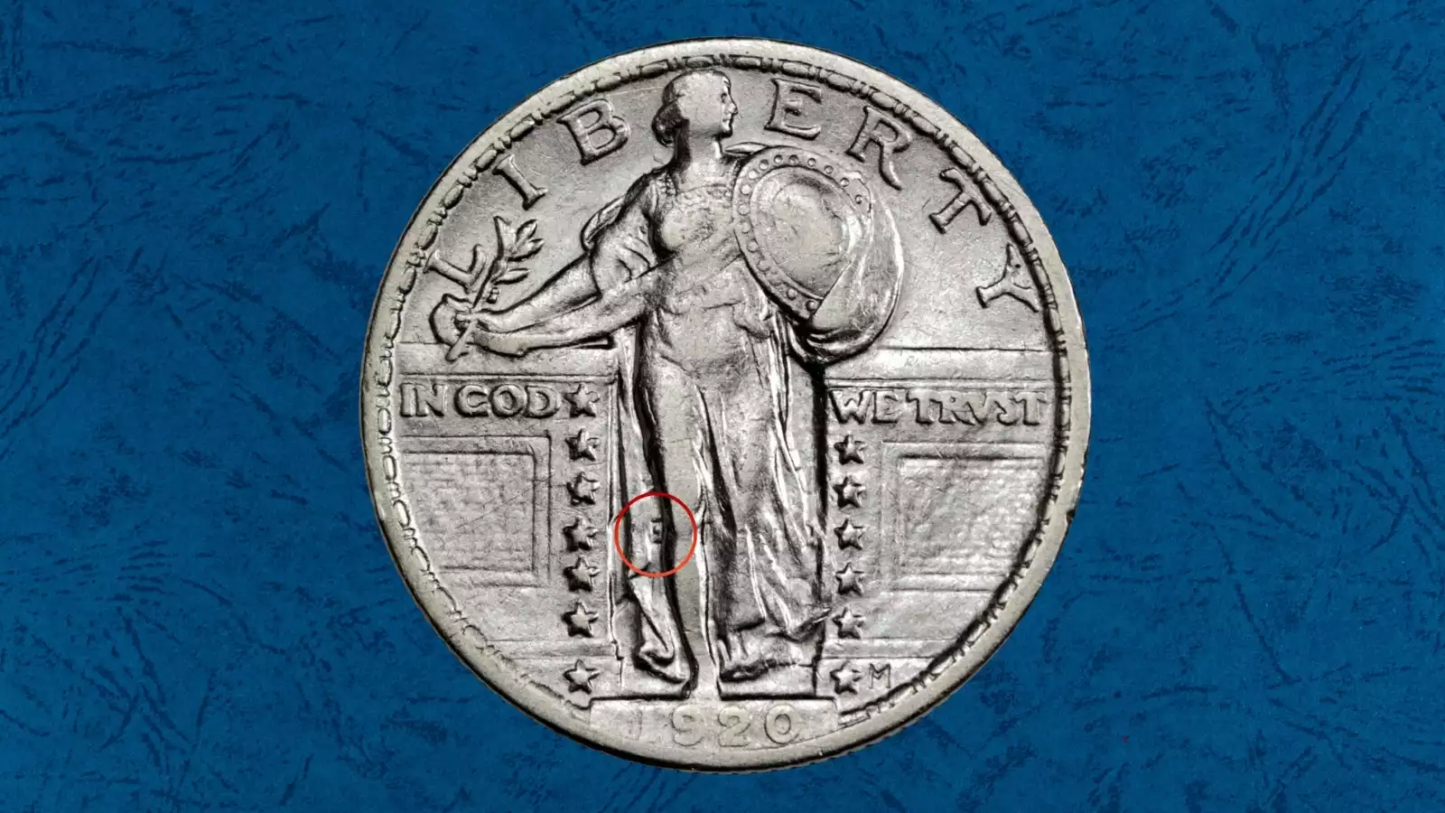 1920 Standing Liberty Quarter Clashed Dies FS-401 error showing ghost reverse impression near Liberty's knee
