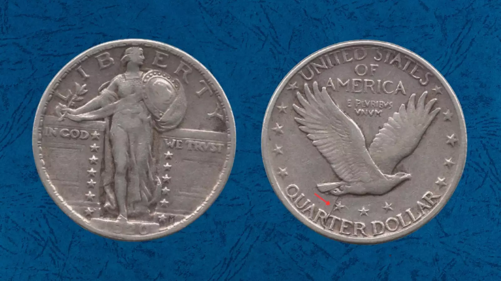 1920 Standing Liberty Quarter die crack error showing raised ridge across obverse surface