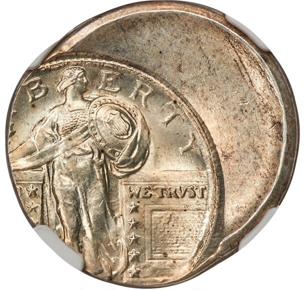 1920 Standing Liberty Quarter off-center strike error showing displaced design with blank planchet area