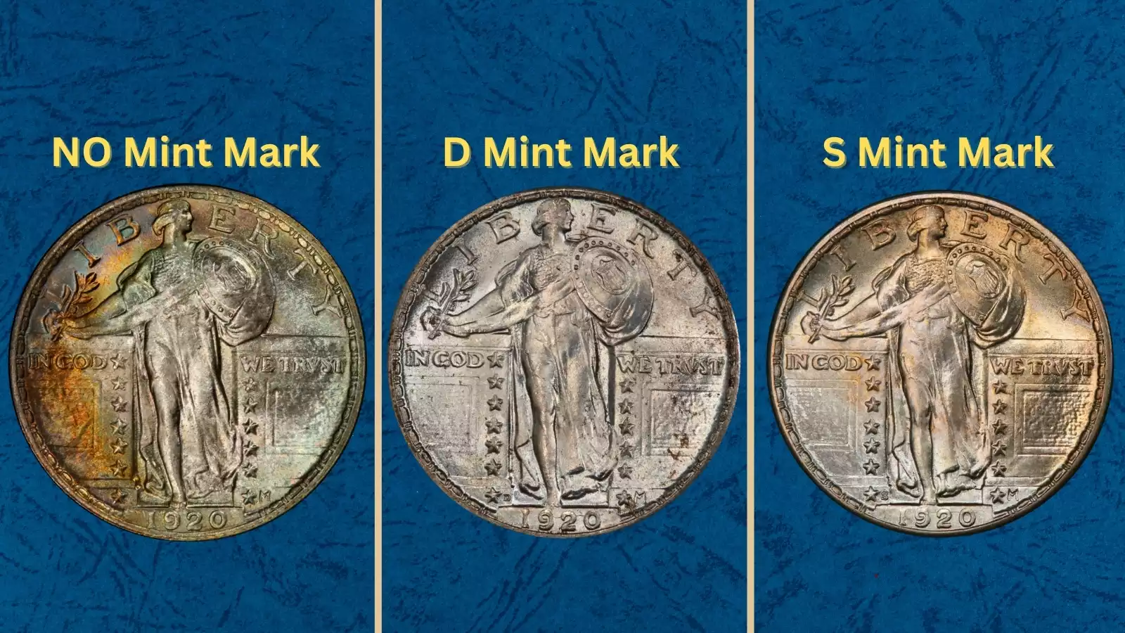 Historical photo of the Philadelphia Mint or group of 1920 Standing Liberty Quarters from all three mints