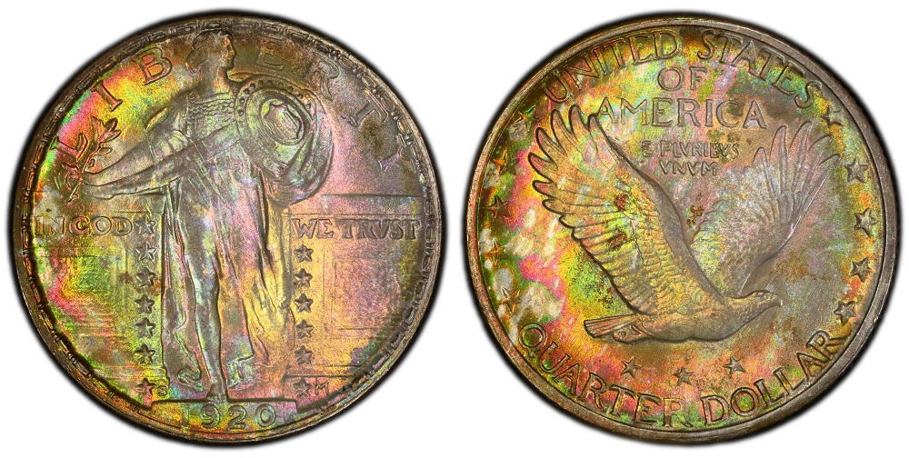 Grading strip showing four 1920 Standing Liberty Quarters in Good, VF, AU, and MS condition
